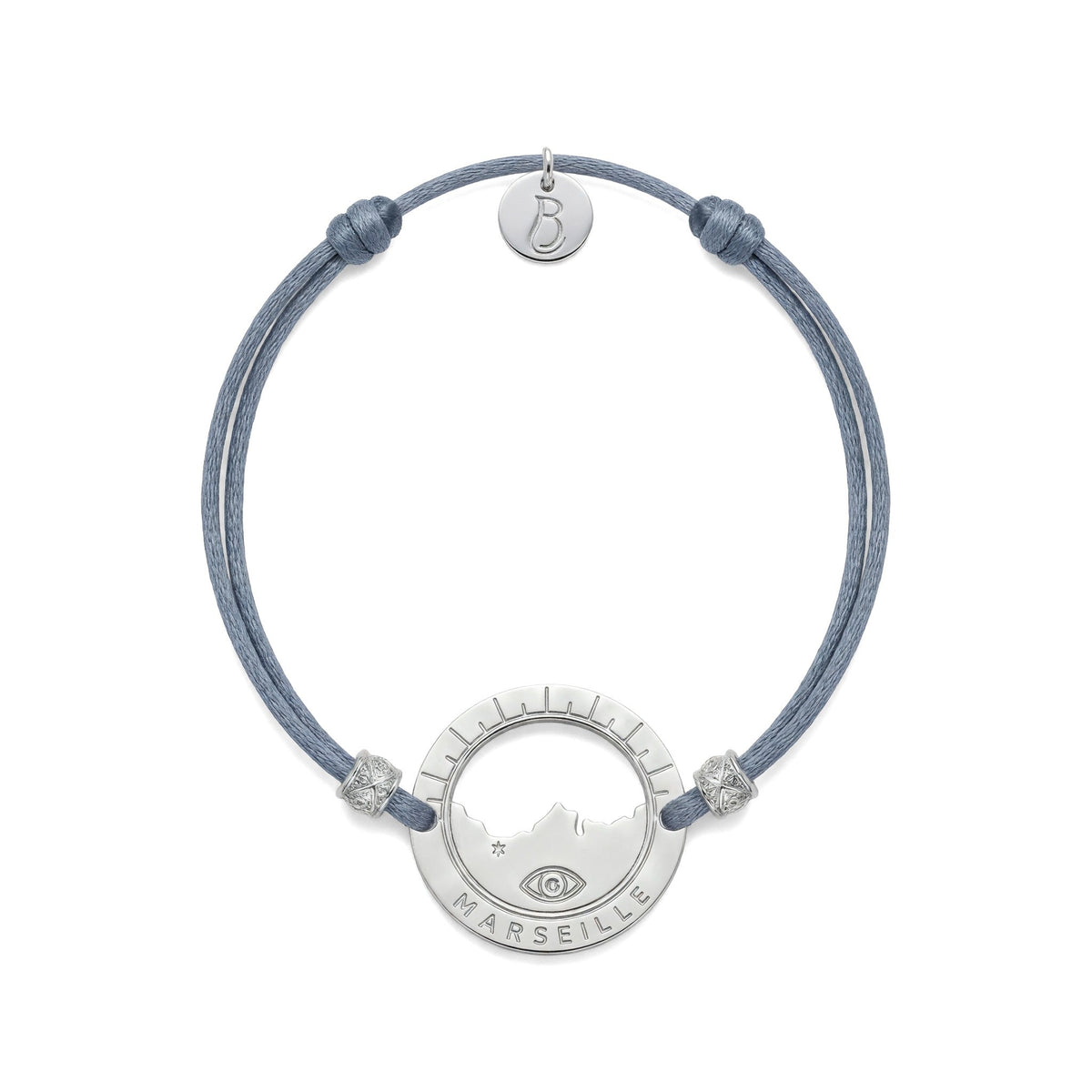 bracelet Pointe Rouge cordon argenté gris — médaille Marseille ajourée, bijou plaqué argent Ligne Bleue