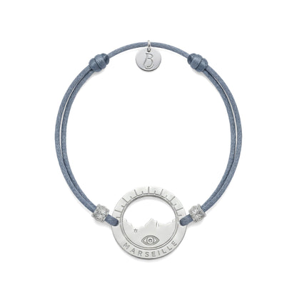 bracelet Pointe Rouge cordon argenté gris — médaille Marseille ajourée, bijou plaqué argent Ligne Bleue