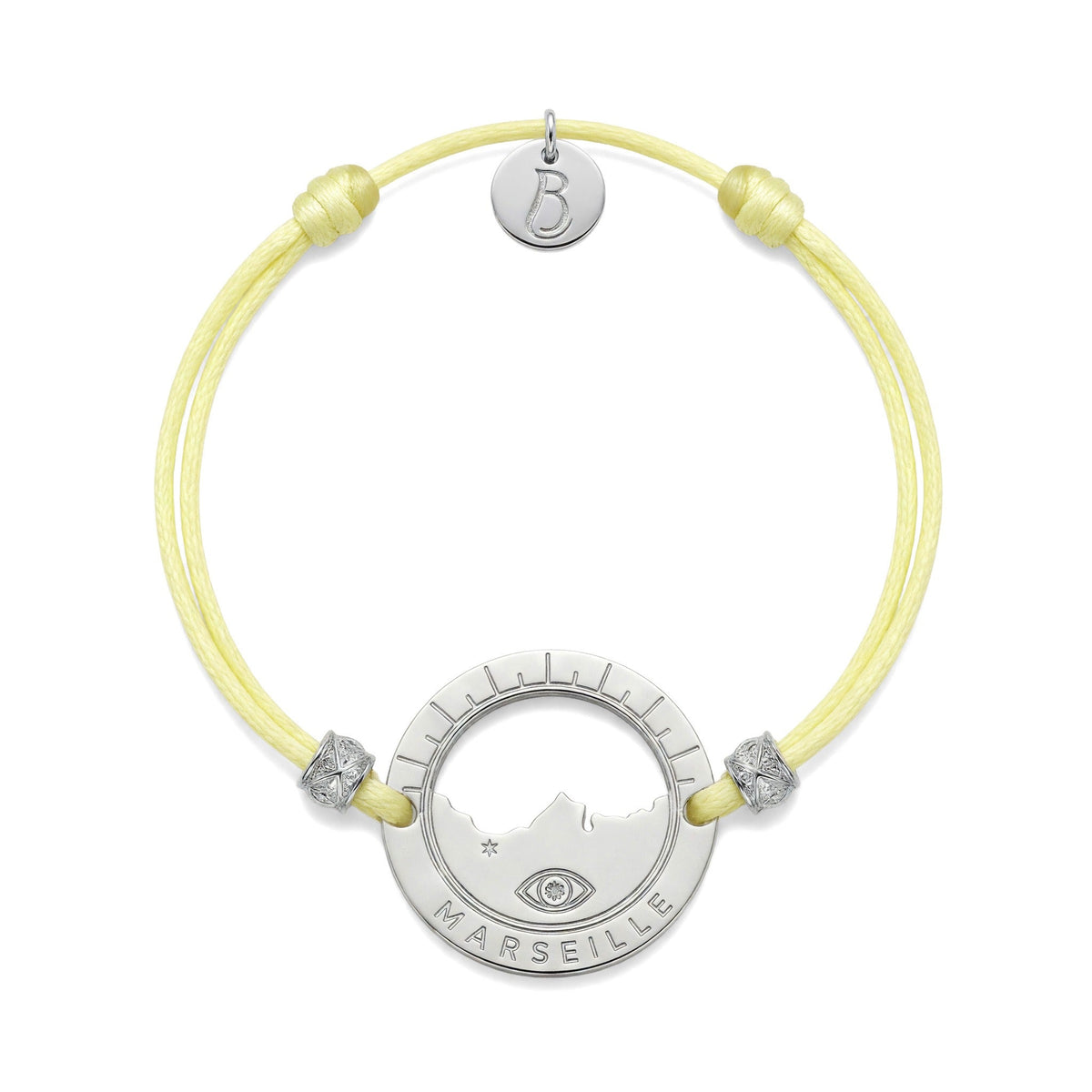 bracelet Pointe Rouge cordon argenté jaune pastel — médaille Marseille ajourée, bijou plaqué argent Ligne Bleue