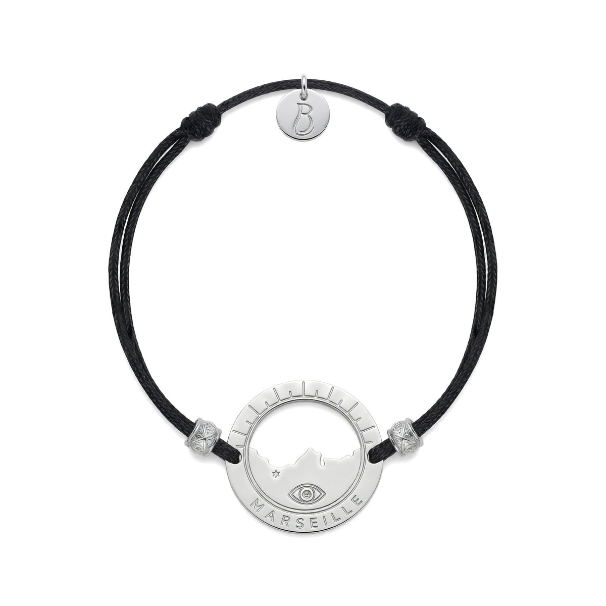 bracelet Pointe Rouge cordon argenté noir — médaille Marseille ajourée, bijou plaqué argent Ligne Bleue