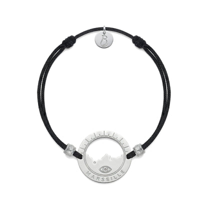 bracelet Pointe Rouge cordon argenté noir — médaille Marseille ajourée, bijou plaqué argent Ligne Bleue