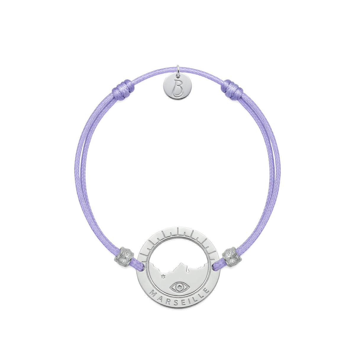 bracelet Pointe Rouge cordon argenté parme — médaille Marseille ajourée, bijou plaqué argent Ligne Bleue