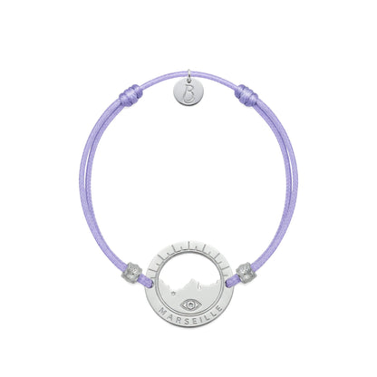 bracelet Pointe Rouge cordon argenté parme — médaille Marseille ajourée, bijou plaqué argent Ligne Bleue