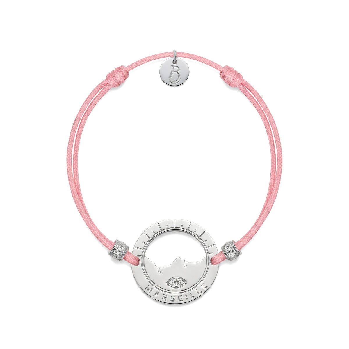 bracelet Pointe Rouge cordon argenté rose — médaille Marseille ajourée, bijou plaqué argent Ligne Bleue