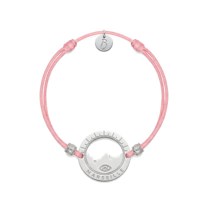 bracelet Pointe Rouge cordon argenté rose — médaille Marseille ajourée, bijou plaqué argent Ligne Bleue