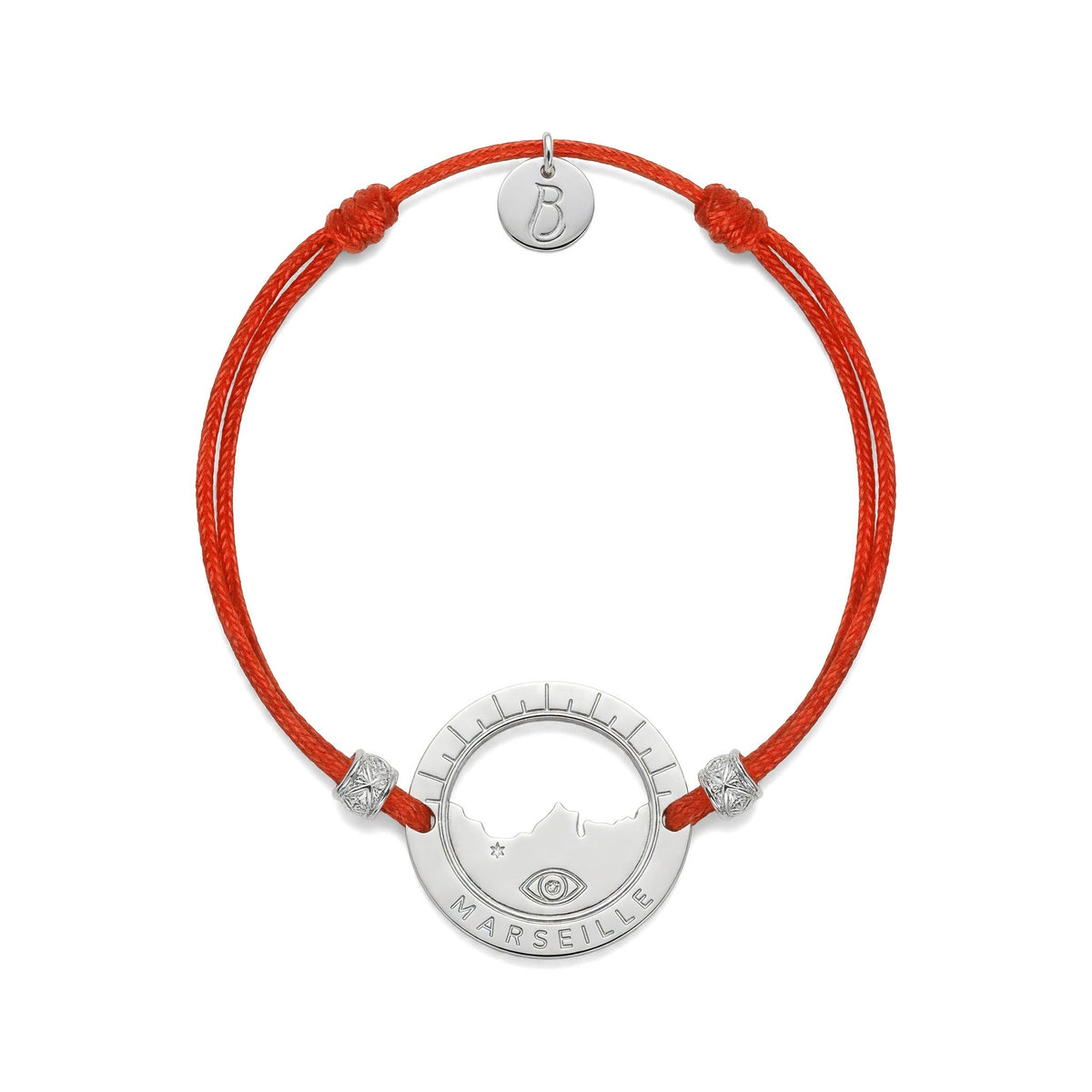 bracelet Pointe Rouge cordon argenté rouge framboise — médaille Marseille ajourée, bijou plaqué argent Ligne Bleue