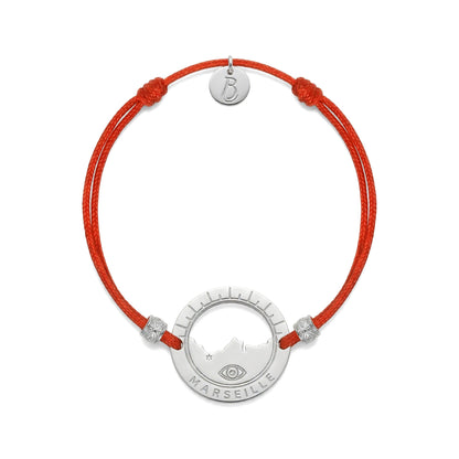 bracelet Pointe Rouge cordon argenté rouge framboise — médaille Marseille ajourée, bijou plaqué argent Ligne Bleue