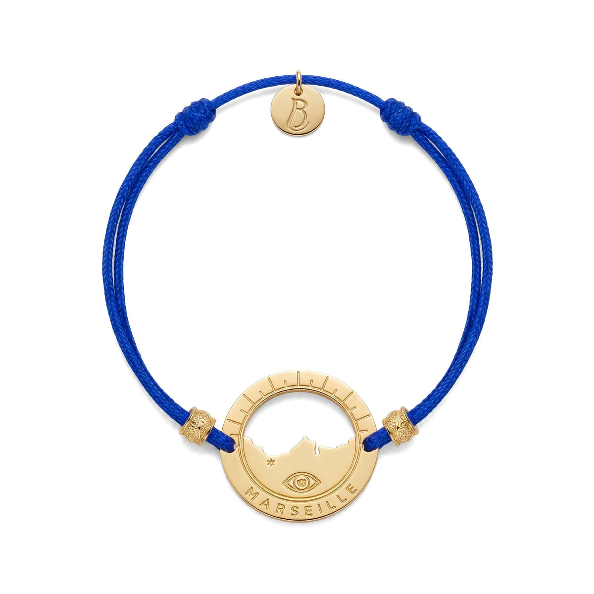 bracelet Pointe Rouge cordon doré bleu Klein — médaille Marseille ajourée, bijou doré à l'or fin Ligne Bleue