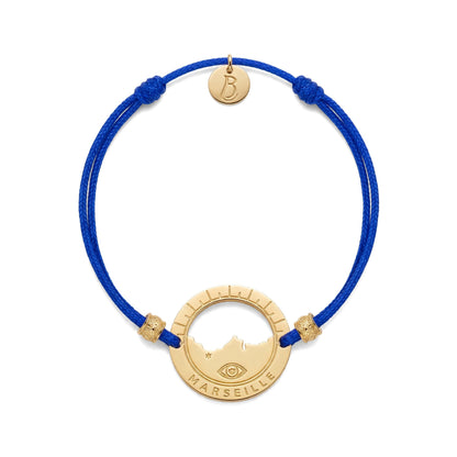 bracelet Pointe Rouge cordon doré bleu Klein — médaille Marseille ajourée, bijou doré à l'or fin Ligne Bleue