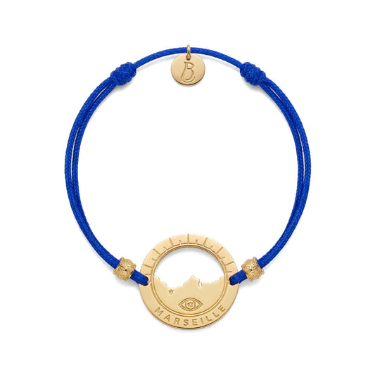 bracelet Pointe Rouge cordon doré bleu Klein — médaille Marseille ajourée, bijou doré à l'or fin Ligne Bleue