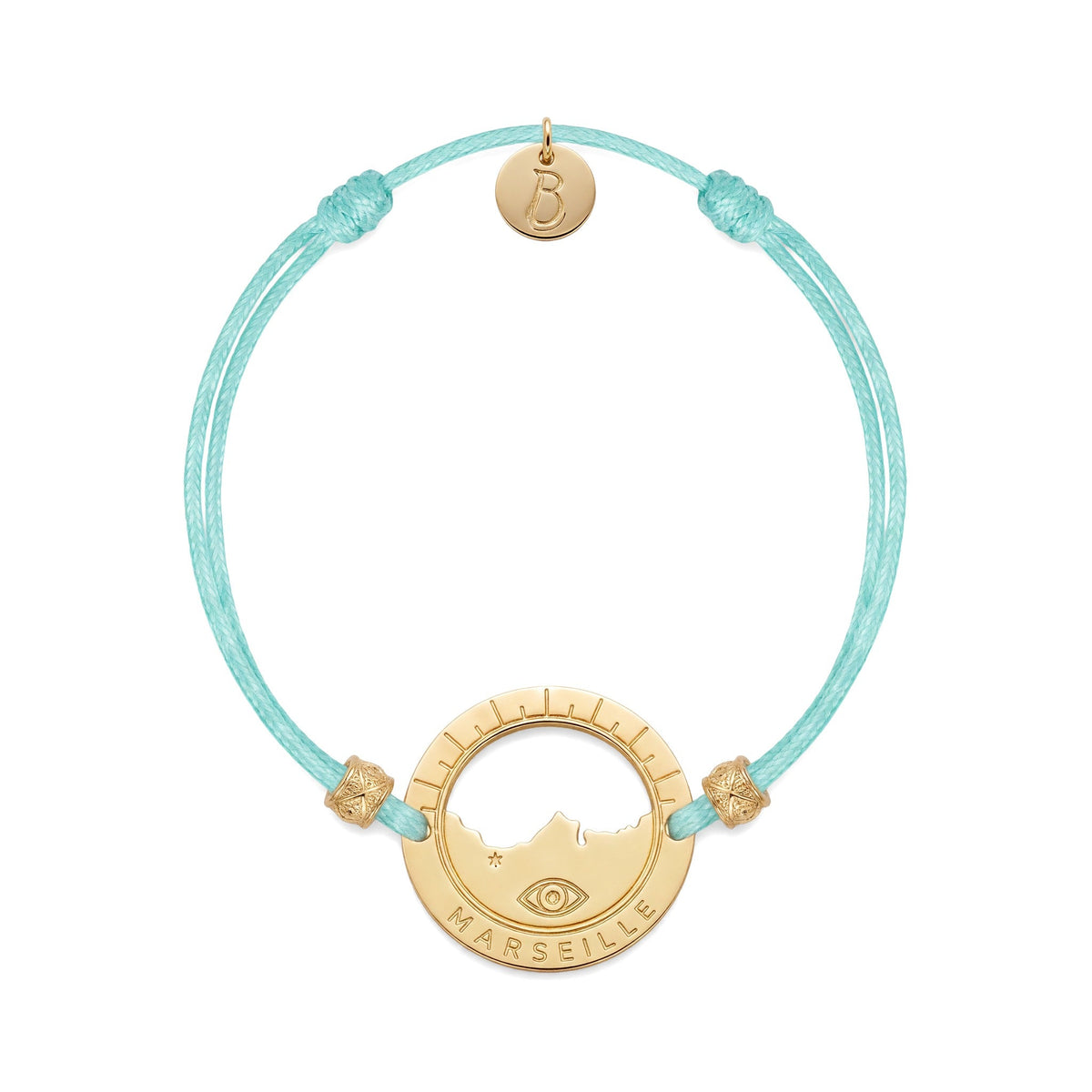 bracelet Pointe Rouge cordon doré bleu lagon — médaille Marseille ajourée, bijou doré à l'or fin Ligne Bleue