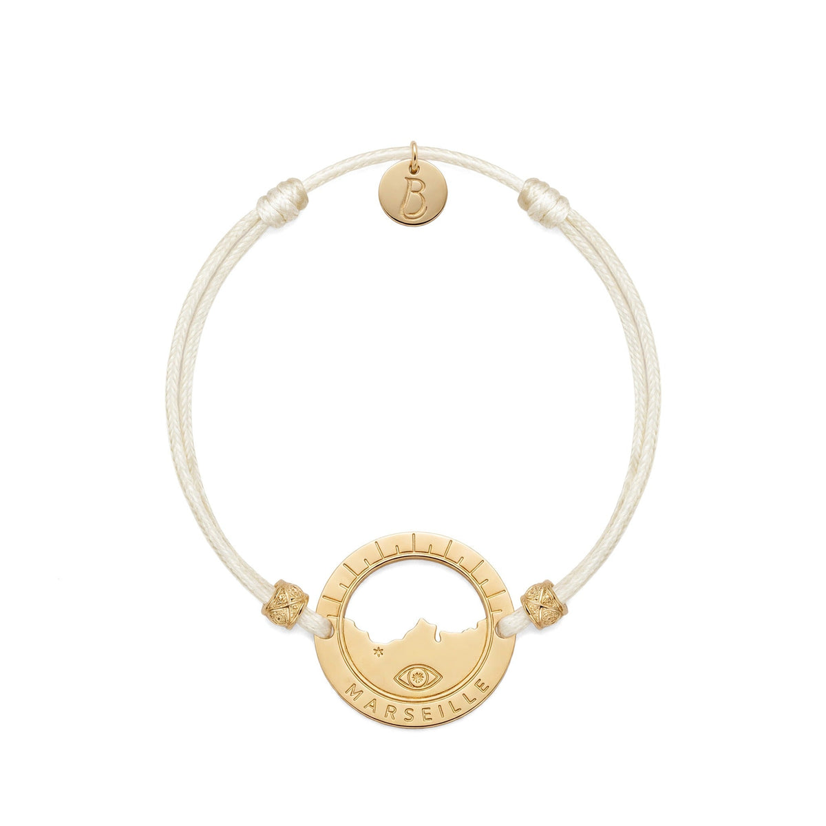 bracelet Pointe Rouge cordon doré écru — médaille Marseille ajourée, bijou doré à l'or fin Ligne Bleue