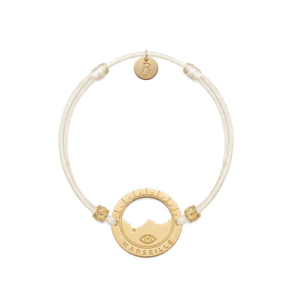 bracelet Pointe Rouge cordon doré écru — médaille Marseille ajourée, bijou doré à l'or fin Ligne Bleue