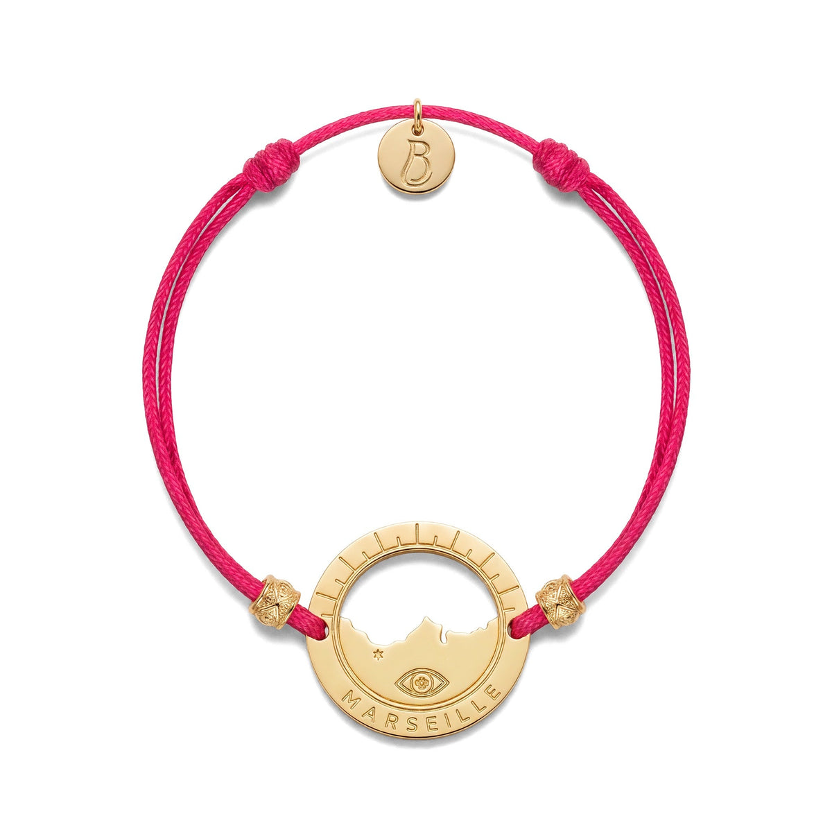 bracelet Pointe Rouge cordon doré fuchsia — médaille Marseille ajourée, bijou doré à l'or fin Ligne Bleue