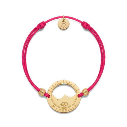 bracelet Pointe Rouge cordon doré fuchsia — médaille Marseille ajourée, bijou doré à l'or fin Ligne Bleue