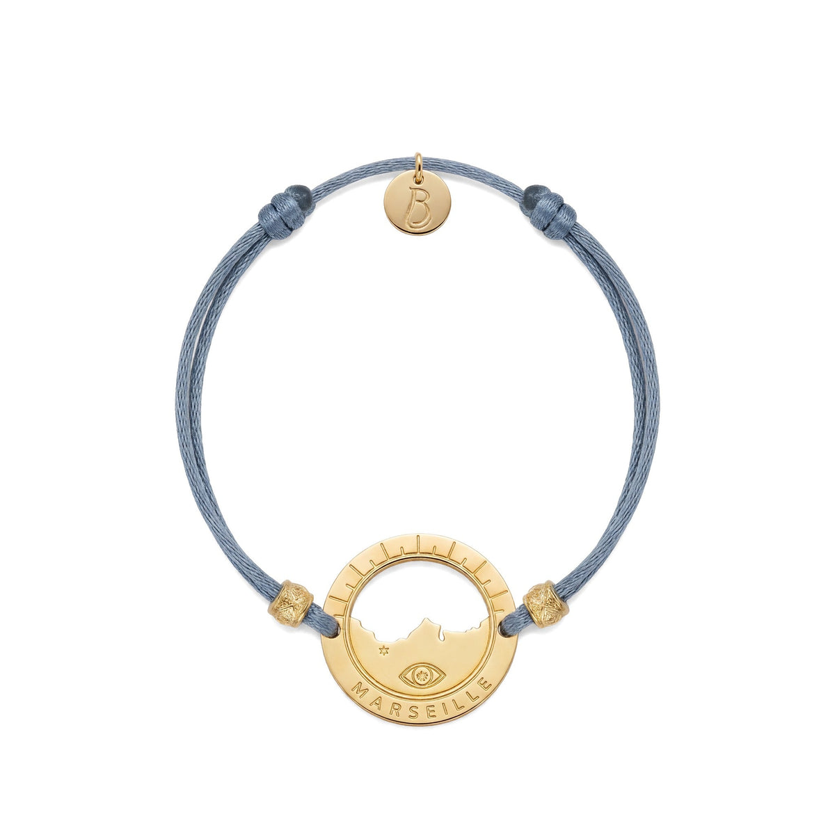 bracelet Pointe Rouge cordon doré gris — médaille Marseille ajourée, bijou doré à l'or fin Ligne Bleue