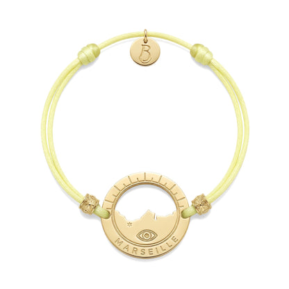 bracelet Pointe Rouge cordon doré jaune pastel — médaille Marseille ajourée, bijou doré à l'or fin Ligne Bleue