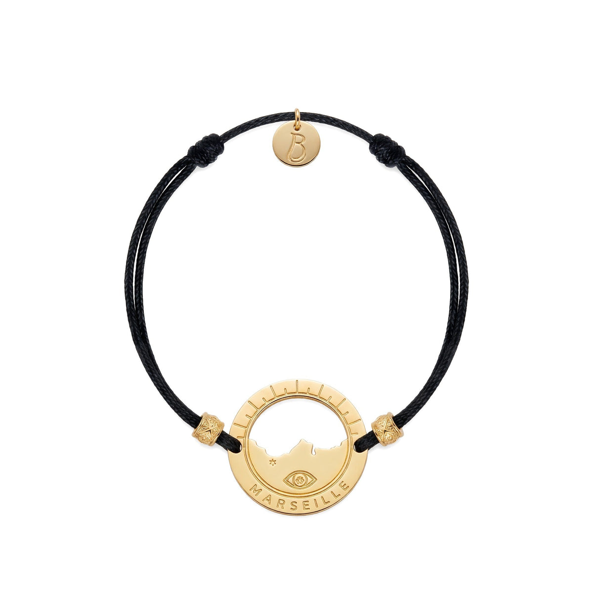 bracelet Pointe Rouge cordon doré noir — médaille Marseille ajourée, bijou doré à l'or fin Ligne Bleue