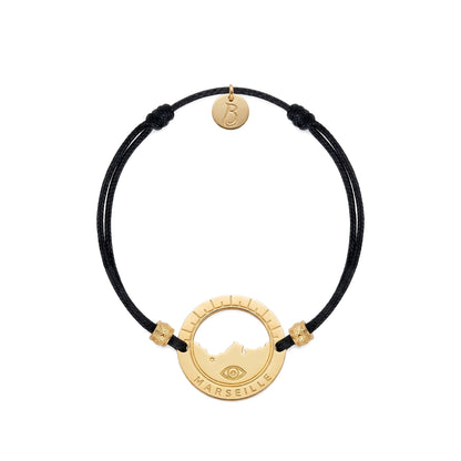 bracelet Pointe Rouge cordon doré noir — médaille Marseille ajourée, bijou doré à l'or fin Ligne Bleue