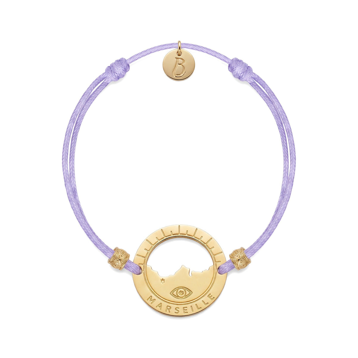 bracelet Pointe Rouge cordon doré parme — médaille Marseille ajourée, bijou doré à l'or fin Ligne Bleue