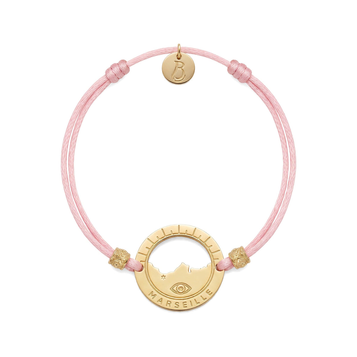 bracelet Pointe Rouge cordon doré rose — médaille Marseille ajourée, bijou doré à l'or fin Ligne Bleue