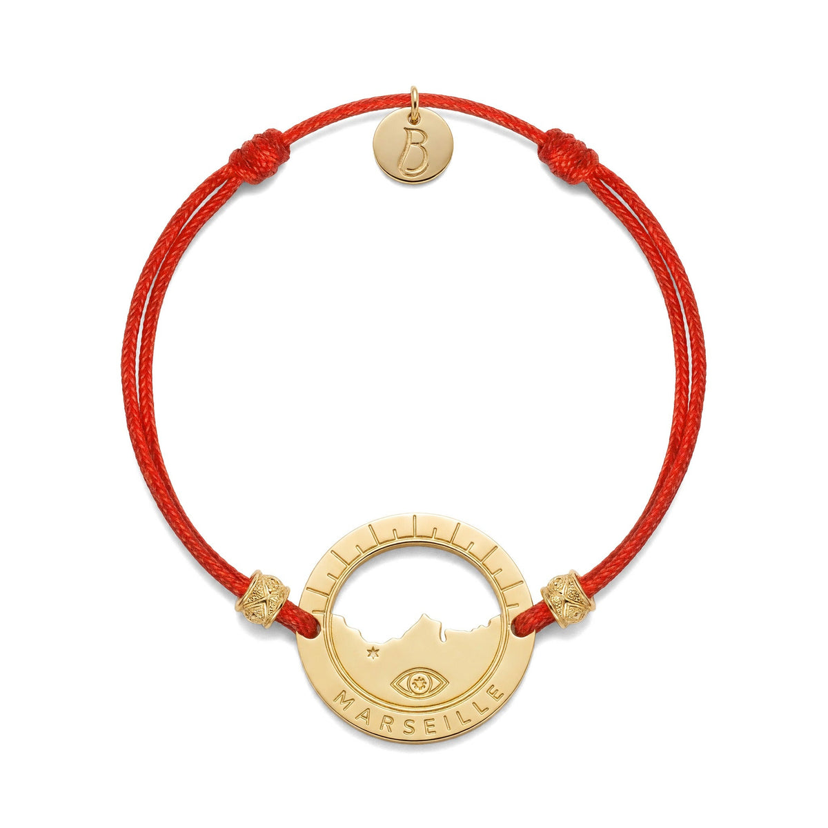 bracelet Pointe Rouge cordon doré rouge framboise — médaille Marseille ajourée, bijou doré à l'or fin Ligne Bleue