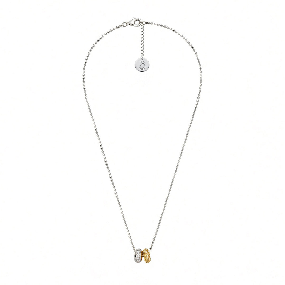 Collier Les Goudes en plaqué argent 10 microns, chaîne boule diamantée et deux donuts l'un doré l'autre argenté, médaillon au monogramme LB dans la nuque — Ligne Bleue, Marseille