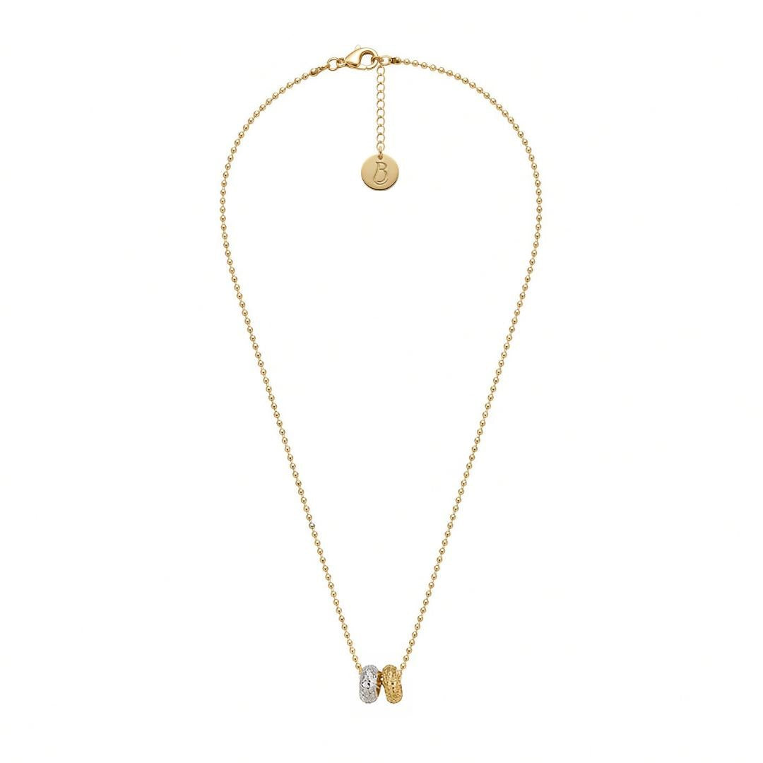 Collier Les Goudes doré à l'or fin, chaîne boule diamantée et deux donuts l'un doré l'autre argenté, médaillon au monogramme LB dans la nuque — Ligne Bleue, Marseille