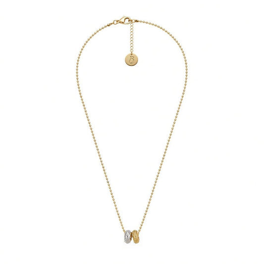 Collier Les Goudes doré à l'or fin, chaîne boule diamantée et deux donuts l'un doré l'autre argenté, médaillon au monogramme LB dans la nuque — Ligne Bleue, Marseille