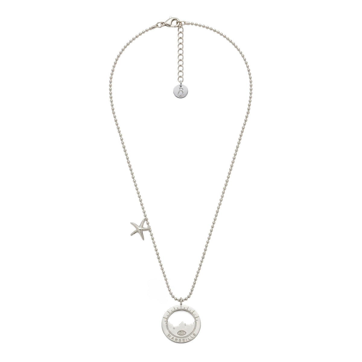 collier Malmousque chaîne boule diamantée argentée — médaille Marseille ajourée, bijou plaqué argent Ligne Bleue, fabriqué à Marseille
