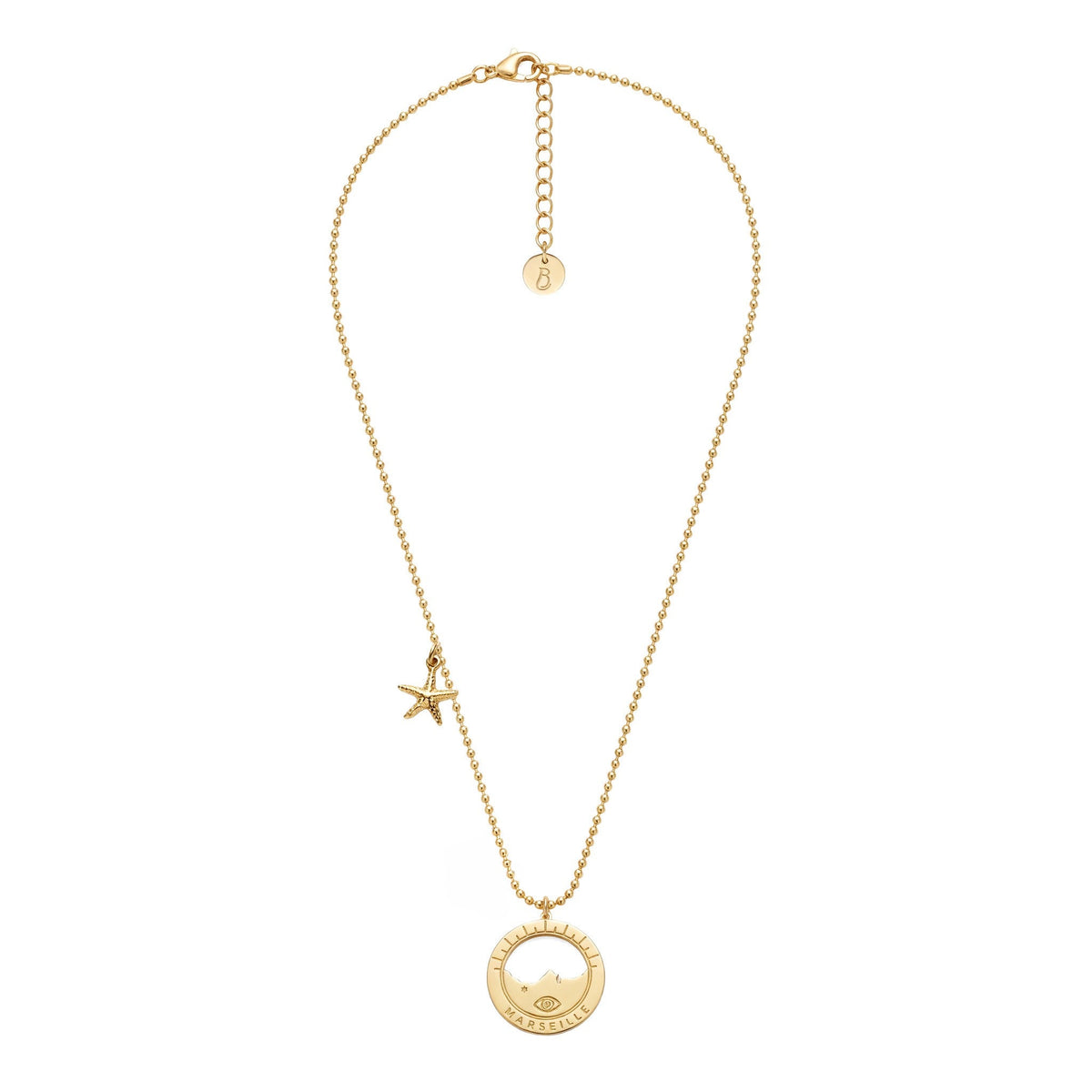 collier Malmousque chaîne boule diamantée dorée — médaille Marseille ajourée, bijou doré à l'or fin Ligne Bleue, fabriqué à Marseille