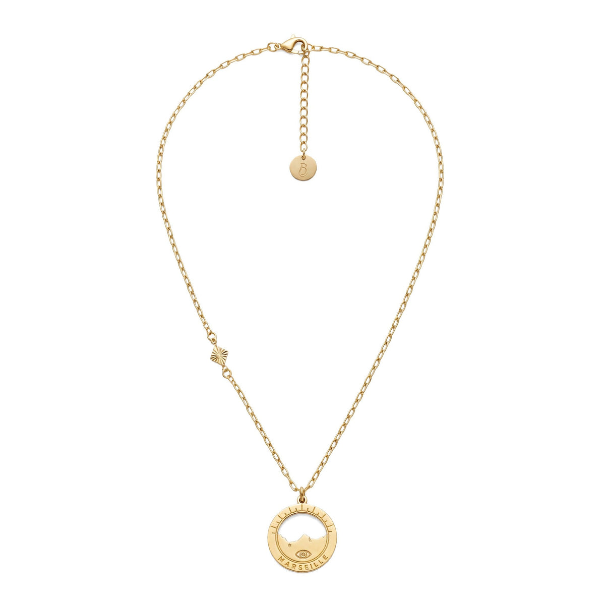 collier Malmousque maille forçat pampille losange soleil — médaille Marseille ajourée, bijou doré à l'or fin Ligne Bleue, fabriqué à Marseille